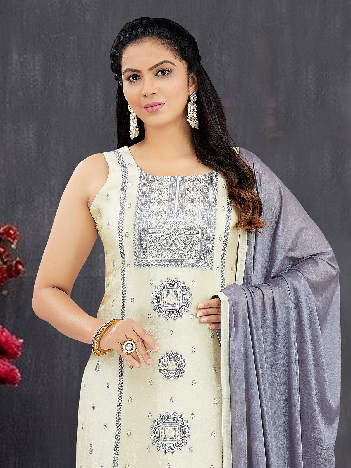 Cream dola silk stone and zari work festive salwar suit
