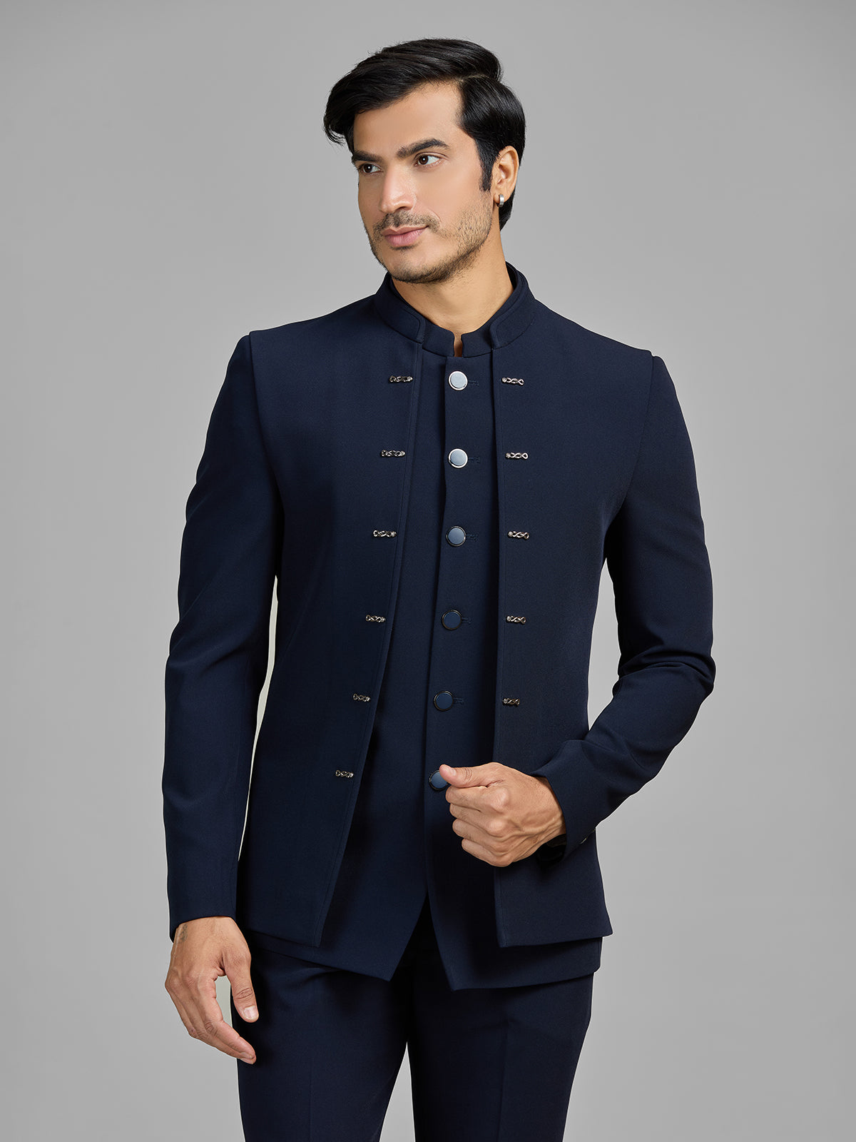 Navy terry rayon jodhpuri suit with standout jacket