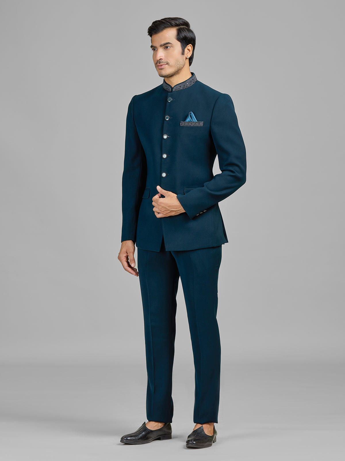 Teal blue terry rayon wedding wear jodhpuri suit