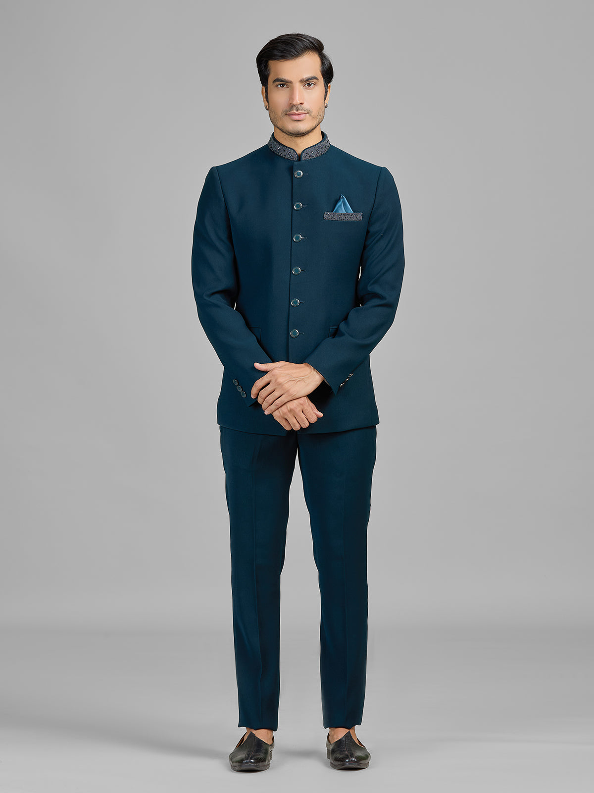 Teal blue terry rayon wedding wear jodhpuri suit