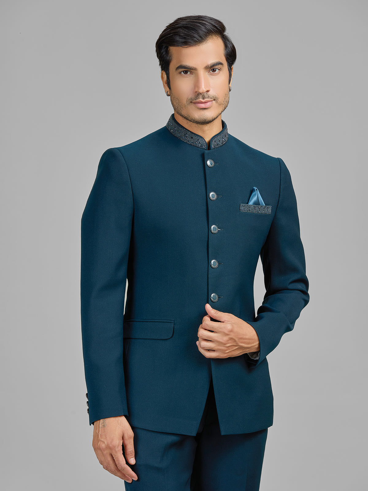 Teal blue terry rayon wedding wear jodhpuri suit