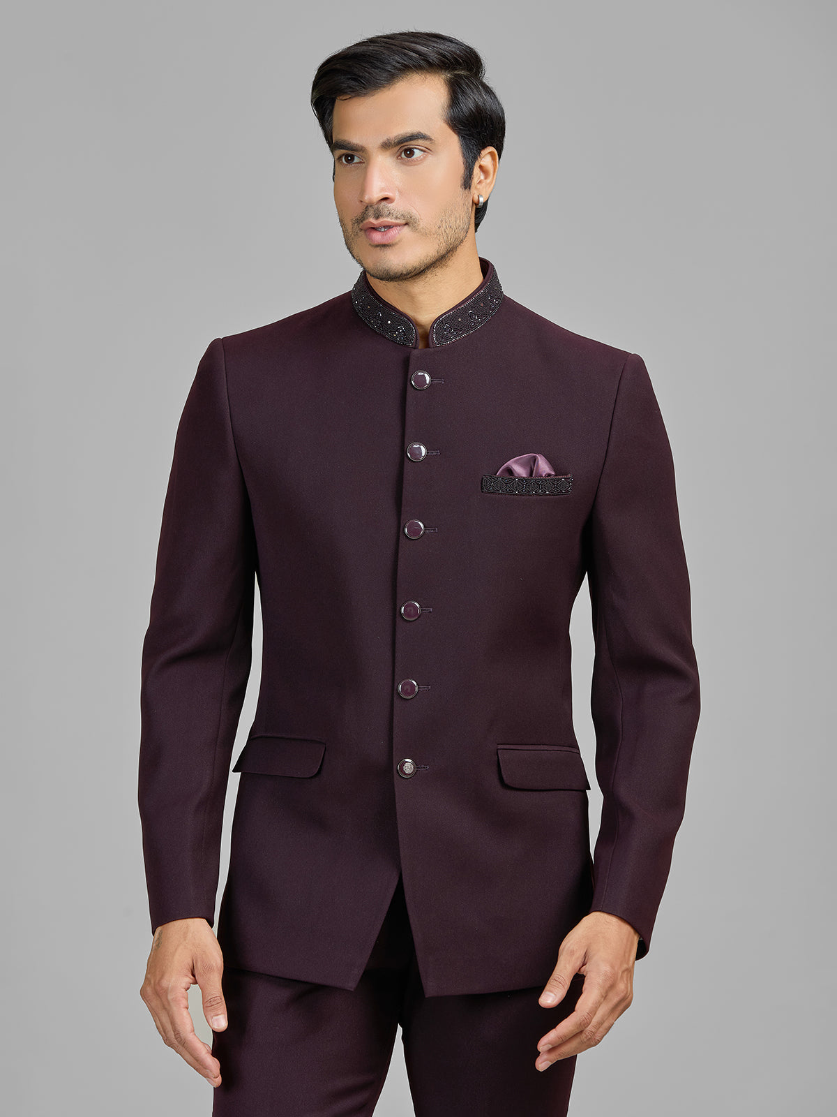 Wine terry rayon jodhpuri suit for wedding celebrations