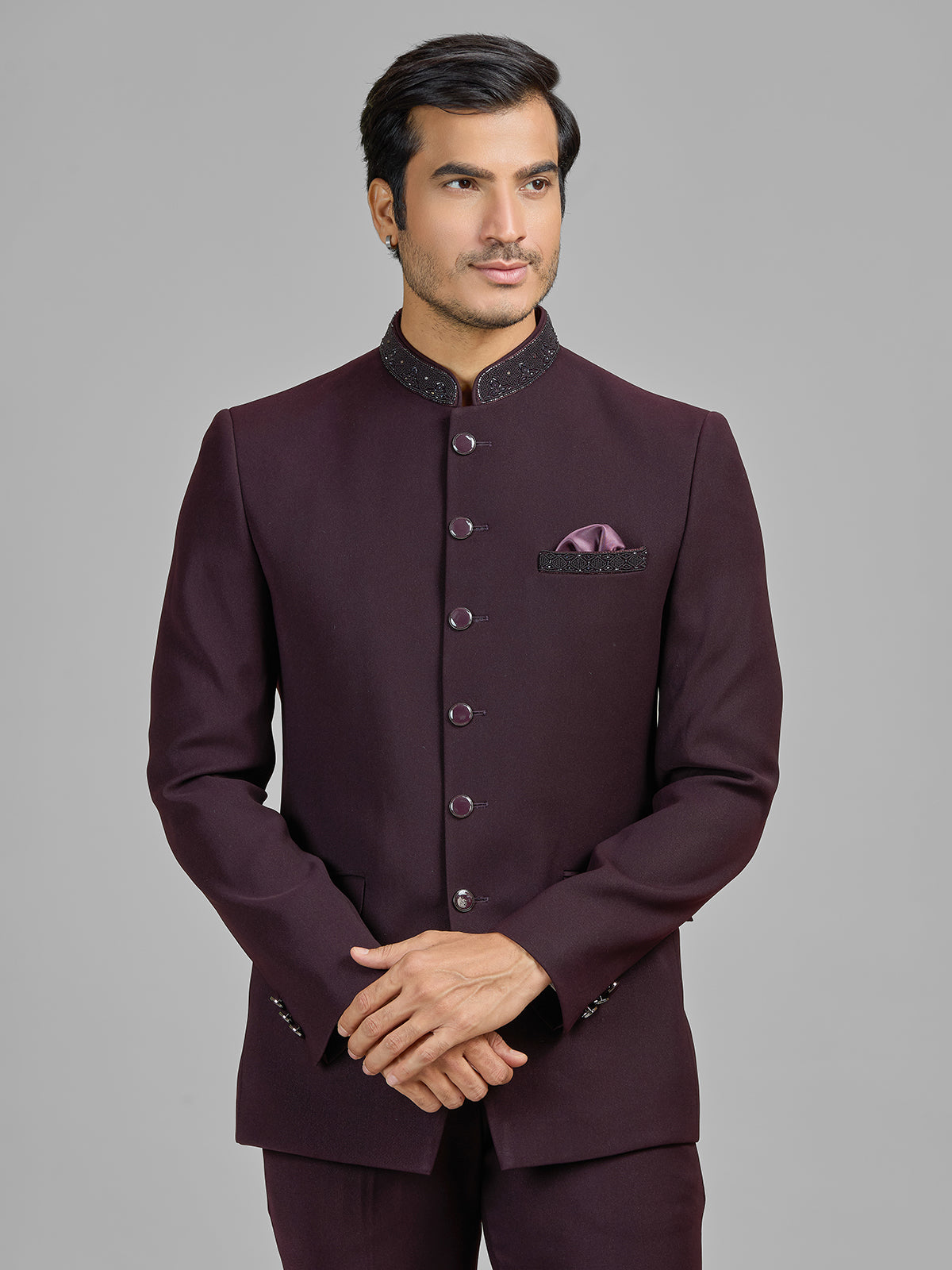 Wine terry rayon jodhpuri suit for wedding celebrations