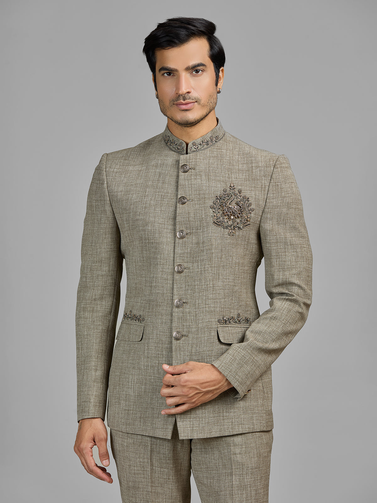 Stone beige terry rayon jodhpuri suit for men