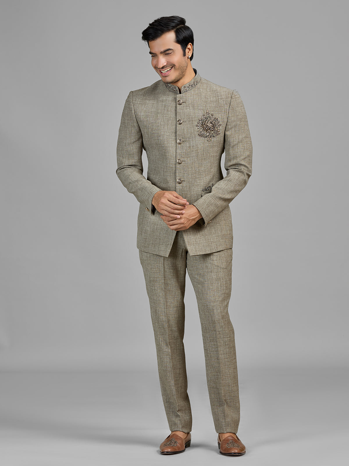 Stone beige terry rayon jodhpuri suit for men