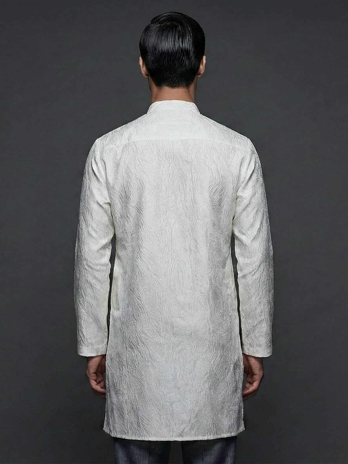 White textured silk blend modern v neck short kurta