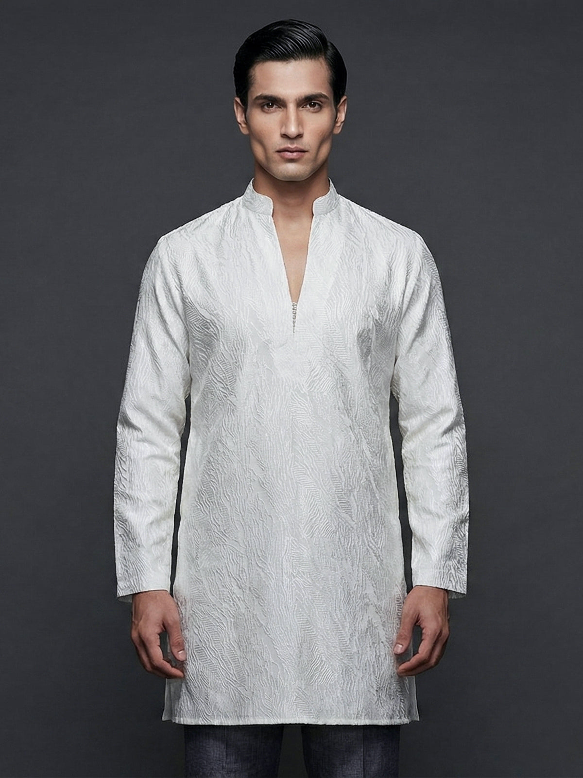 White textured silk blend modern v neck short kurta
