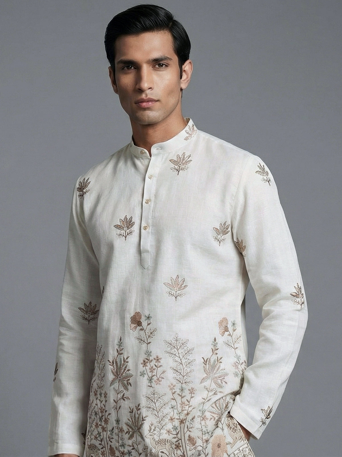 Off white embroidered cotton blend festive short kurta