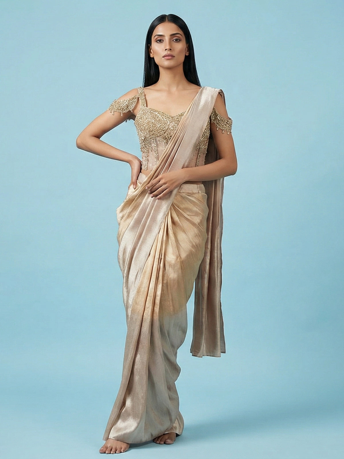 Cream and gold chiffon shaded designer ready saree