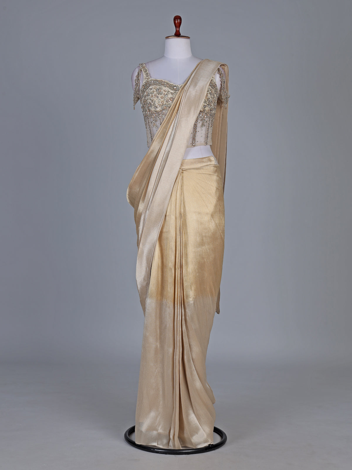 Cream and gold chiffon shaded designer ready saree