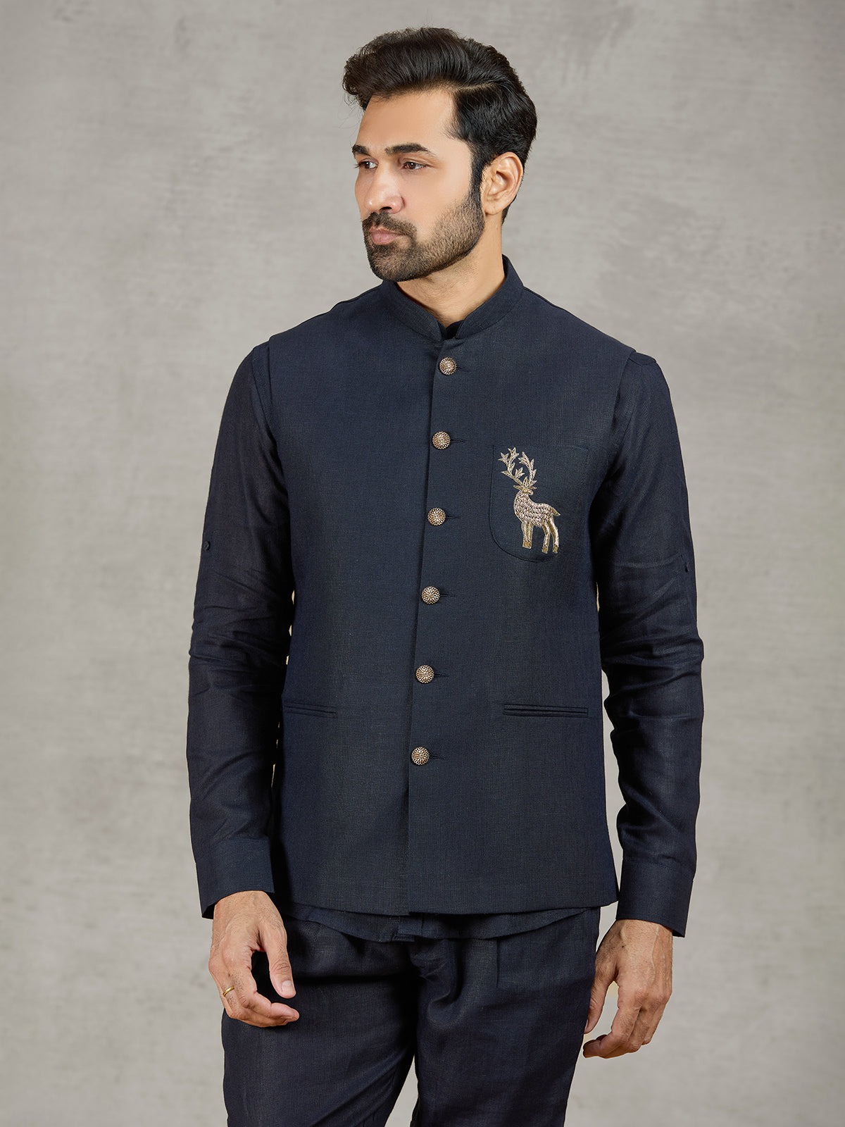 Navy linen waistcoat set with intricate zardosi detailing