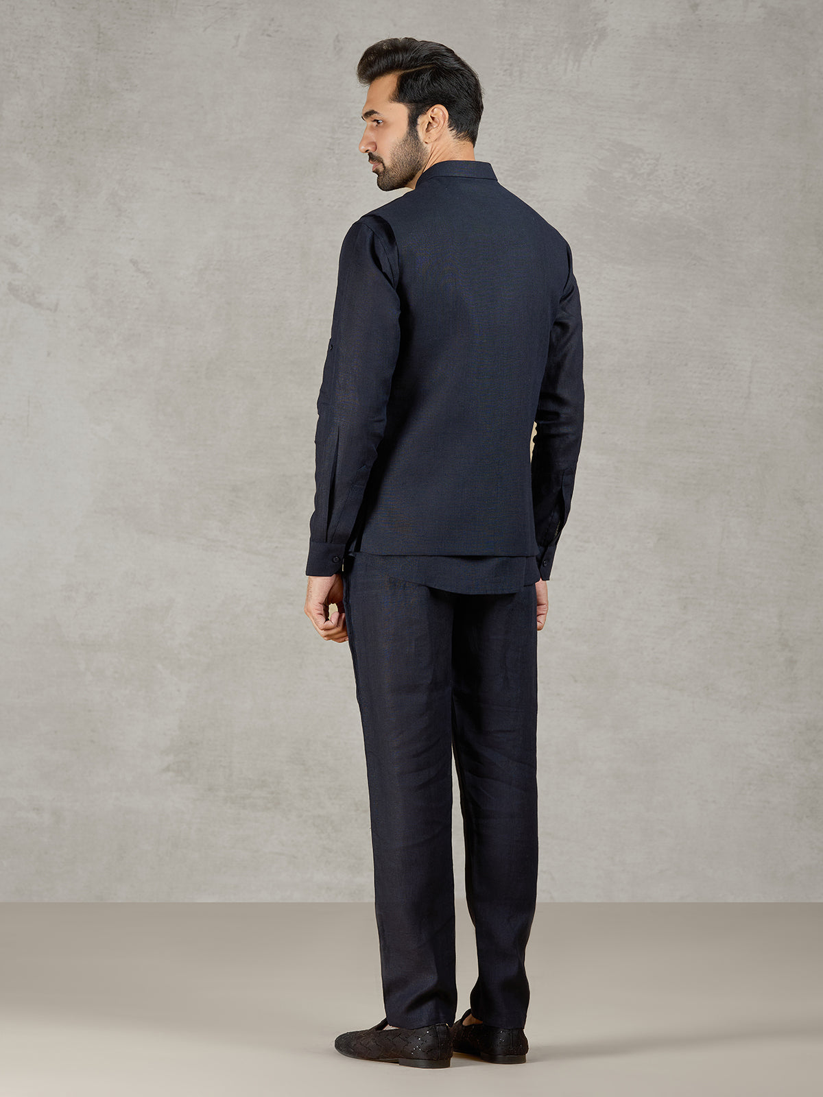 Navy linen waistcoat set with intricate zardosi detailing