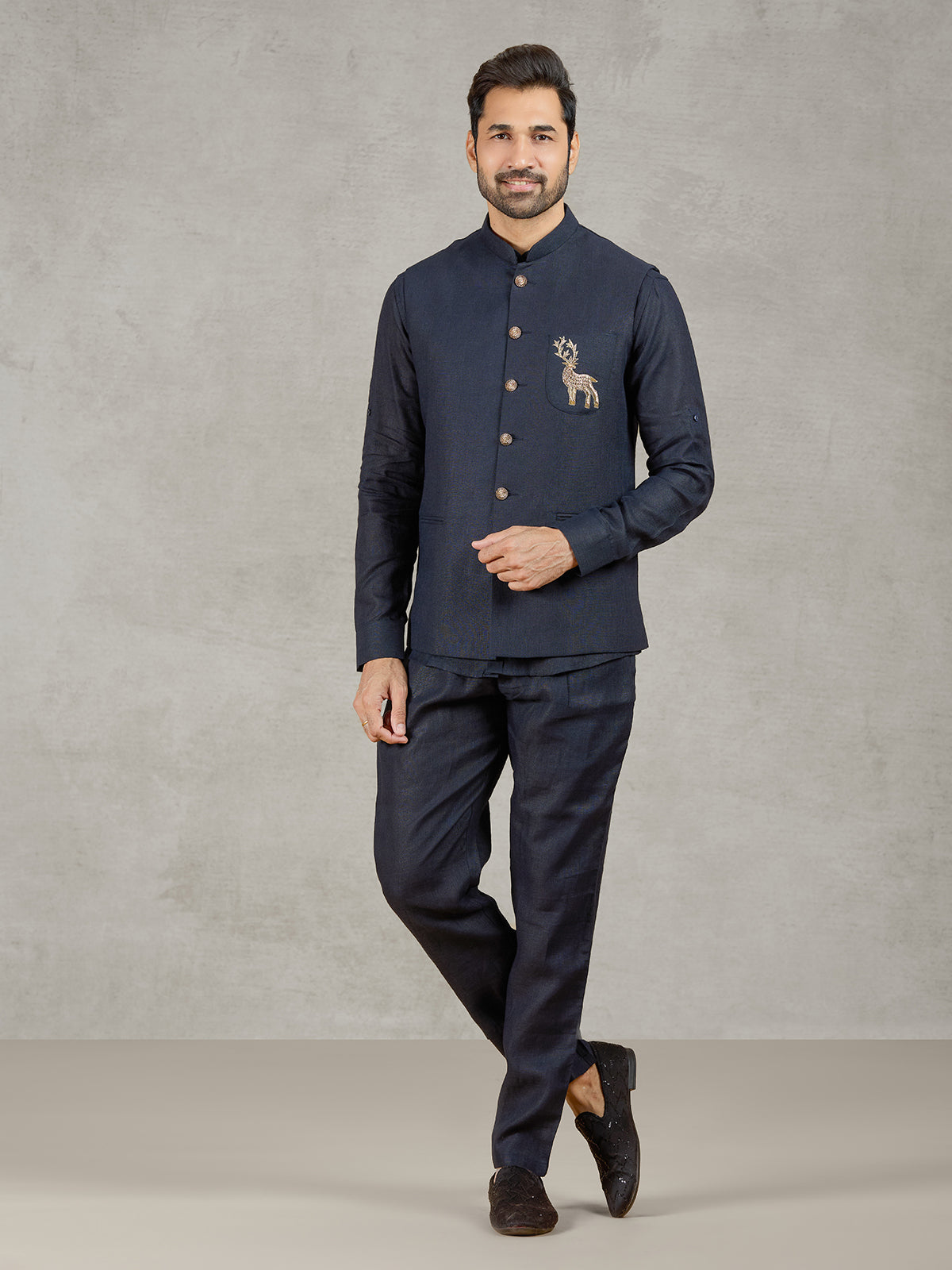 Navy linen waistcoat set with intricate zardosi detailing