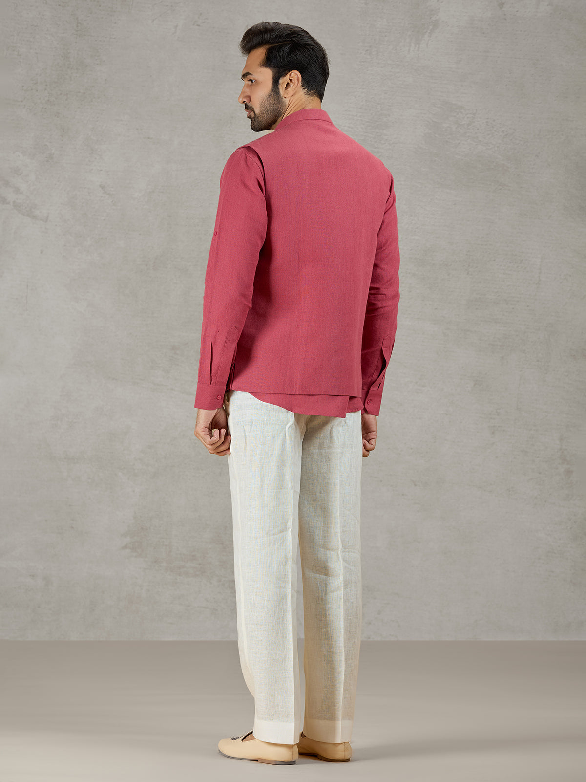 Gajri red linen waistcoat set for festive wear