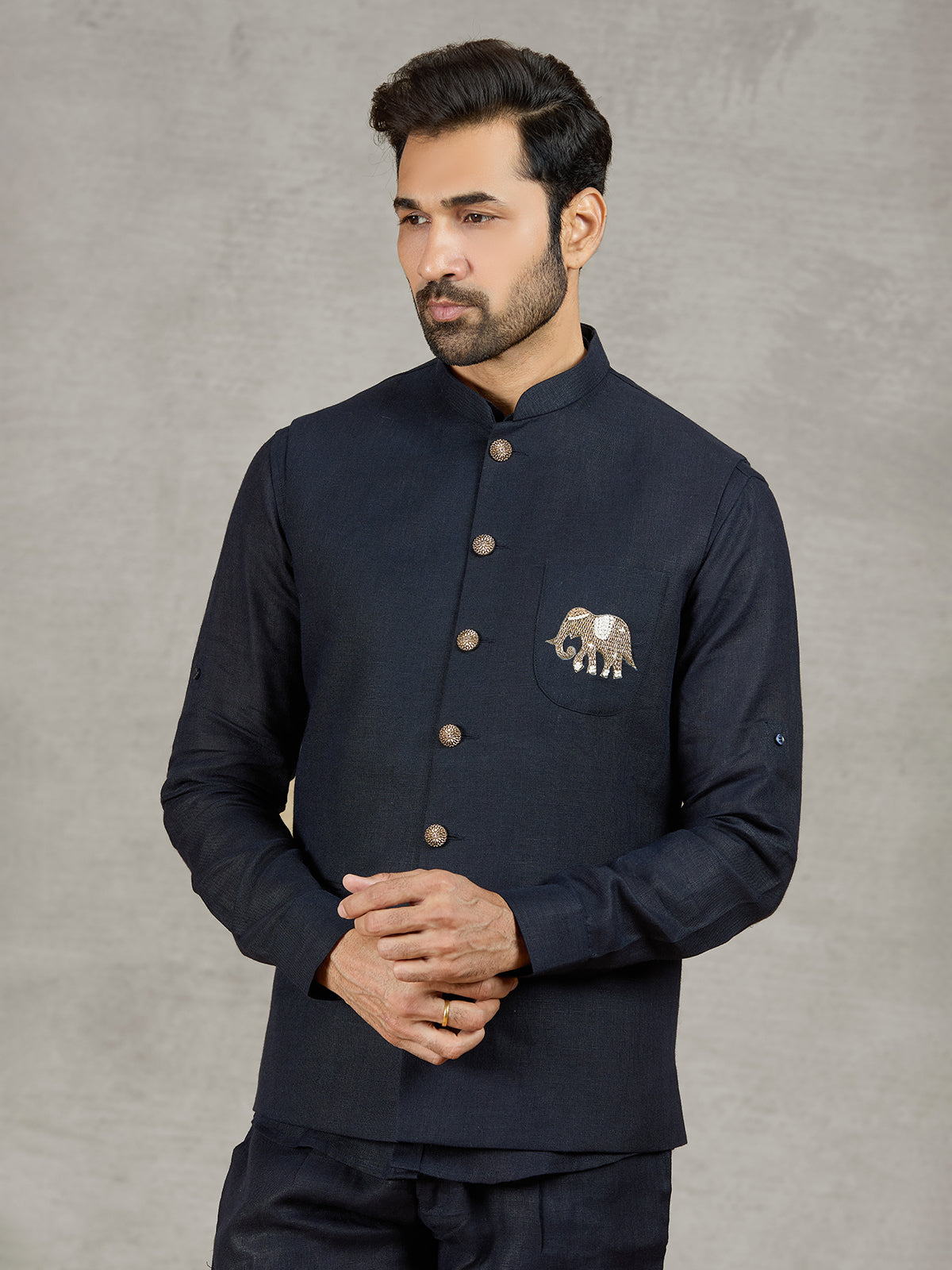 Navy linen waistcoat set with embroidered elephant crest