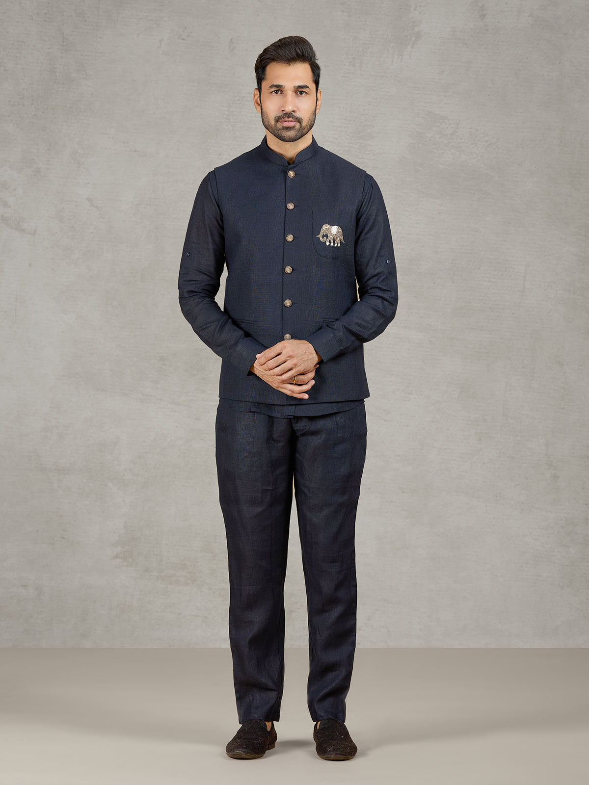 Navy linen waistcoat set with embroidered elephant crest