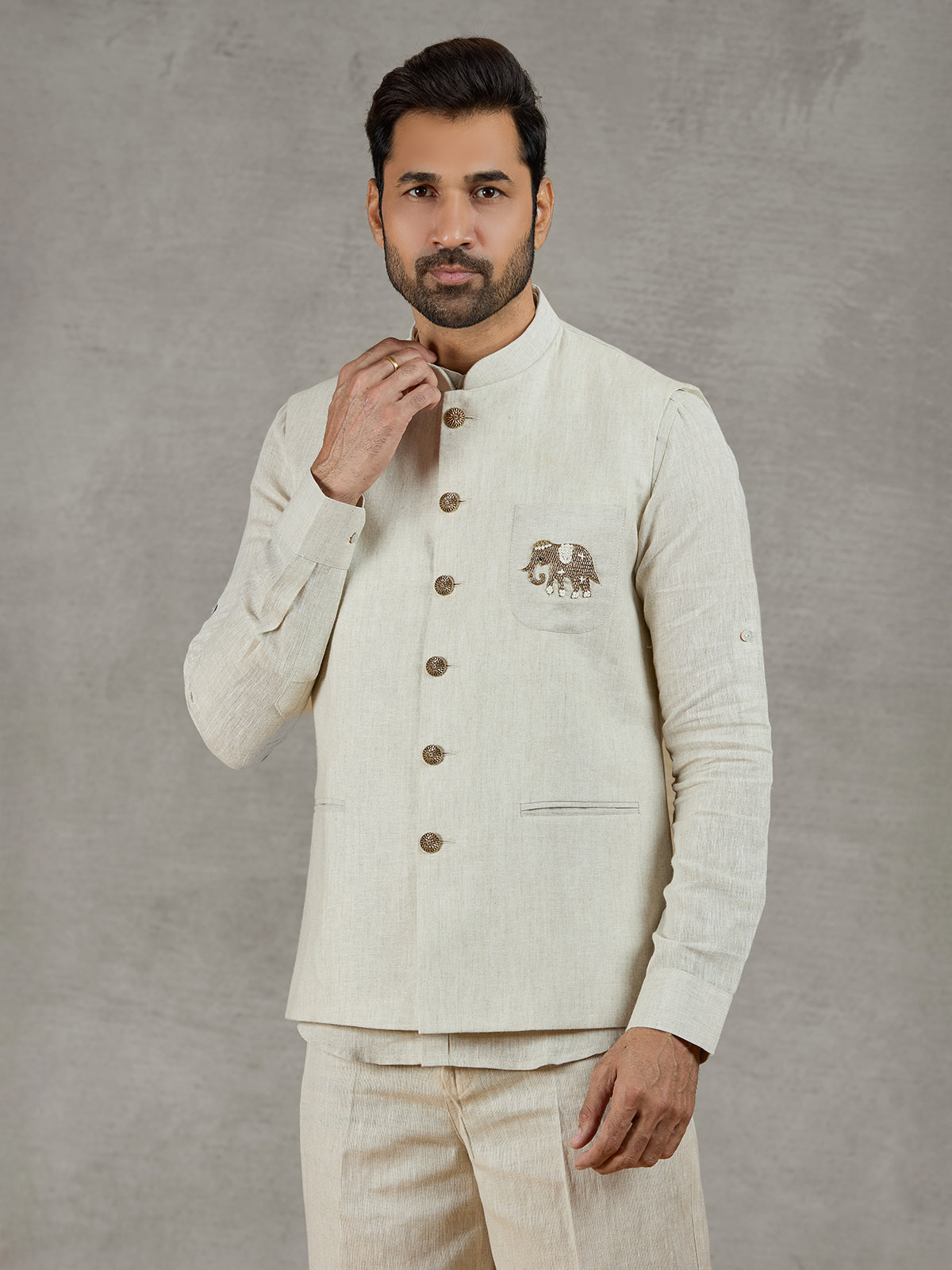 Beige linen festive wear waistcoat set with elegant detailing