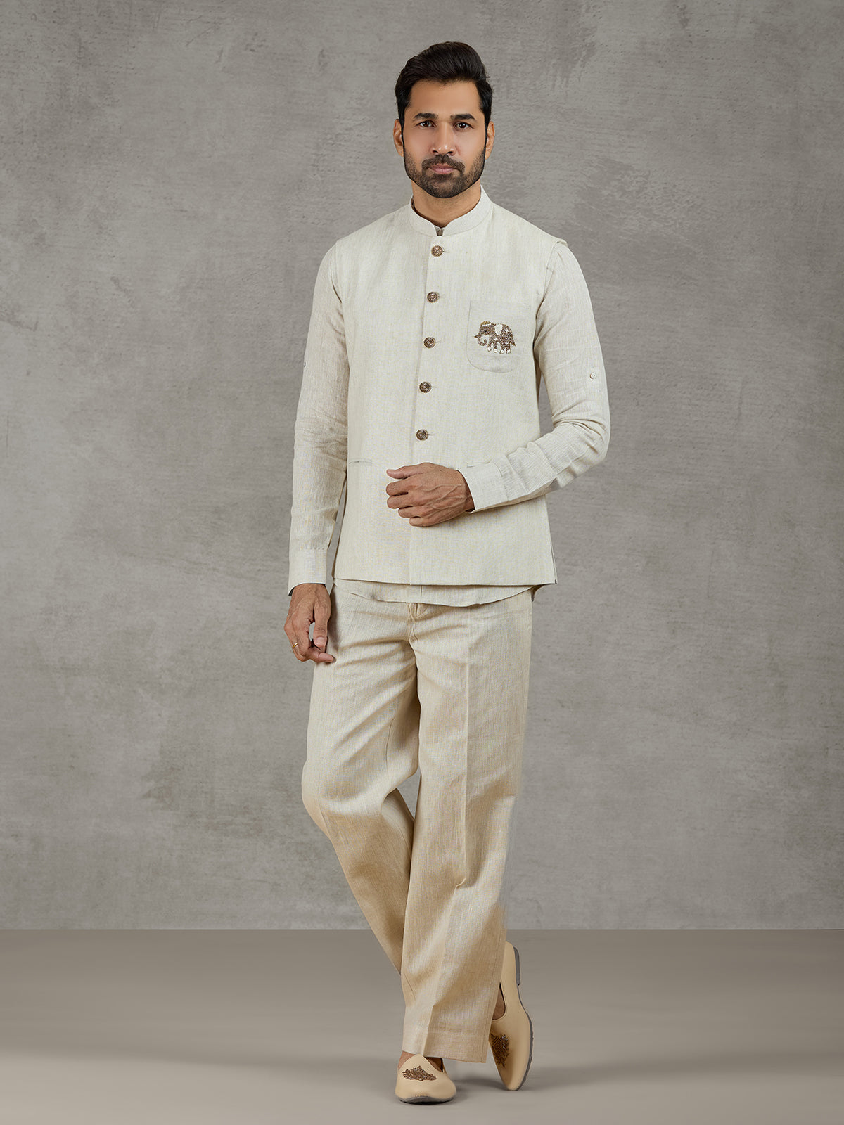 Beige linen festive wear waistcoat set with elegant detailing