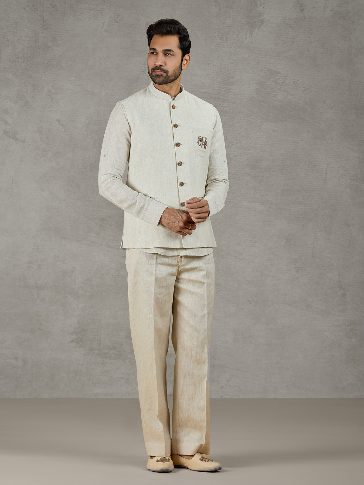 Beige linen festive wear waistcoat set with elegant detailing