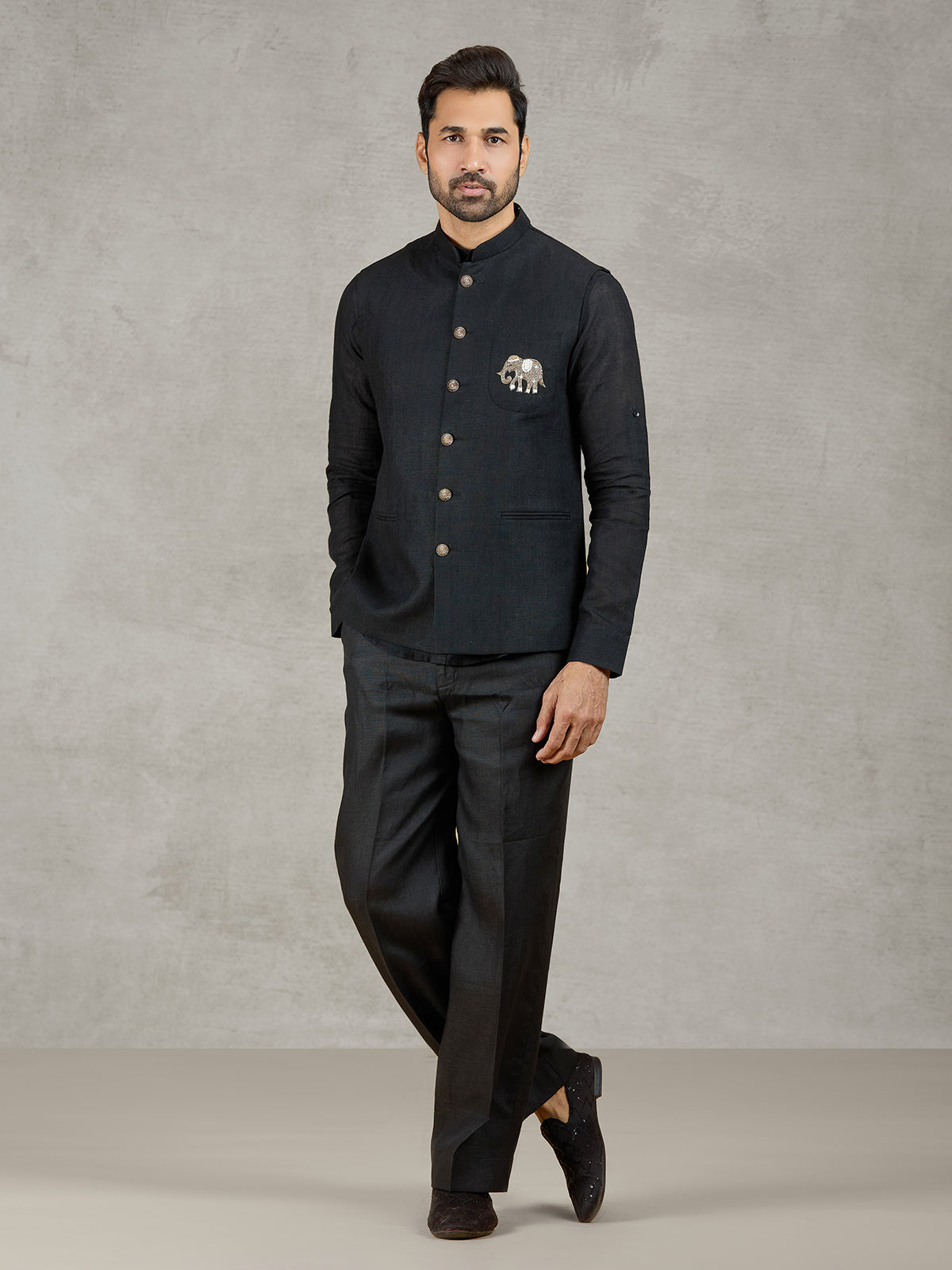 Black party wear linen waistcoat set with embellished crest