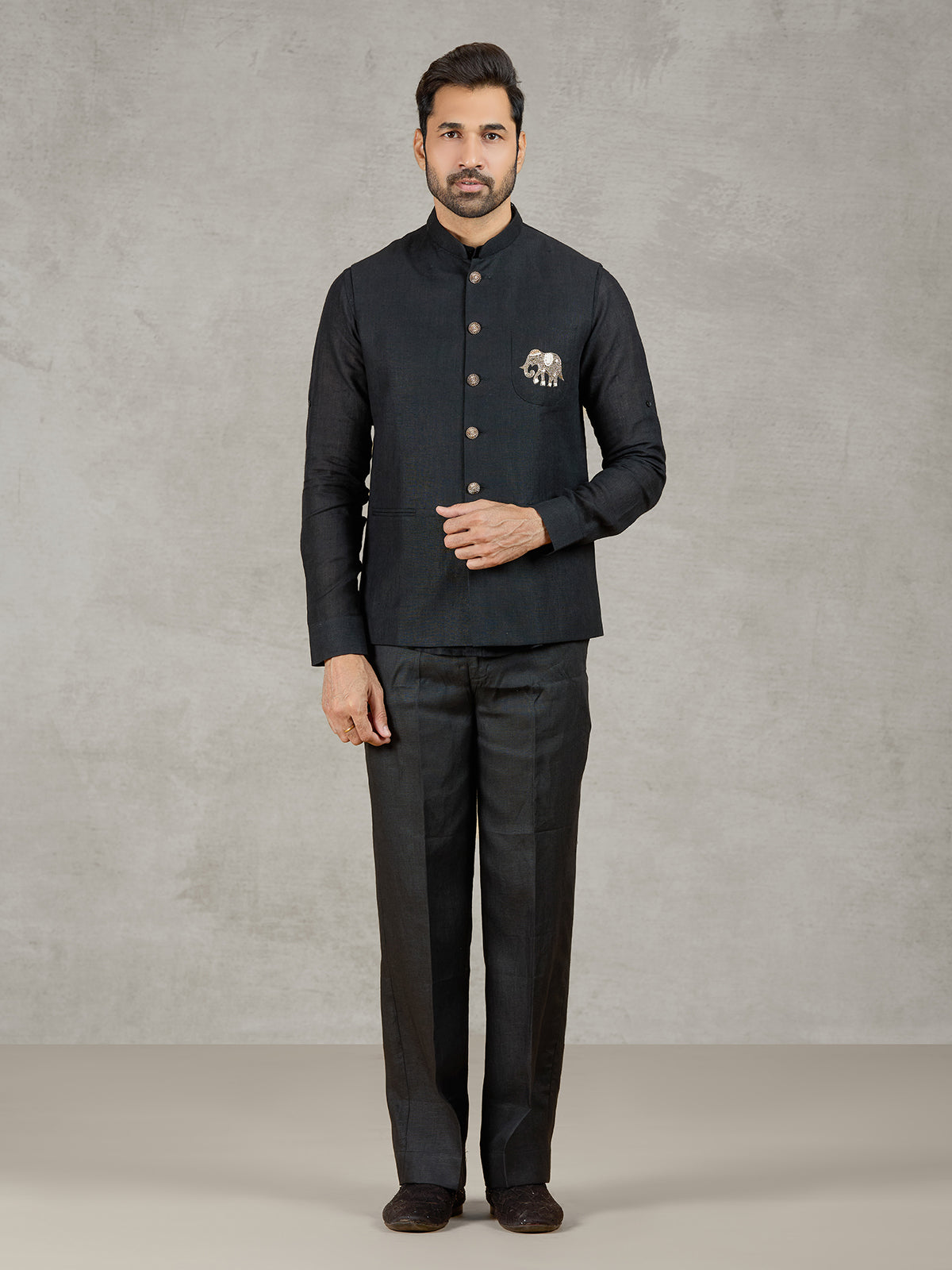 Black party wear linen waistcoat set with embellished crest
