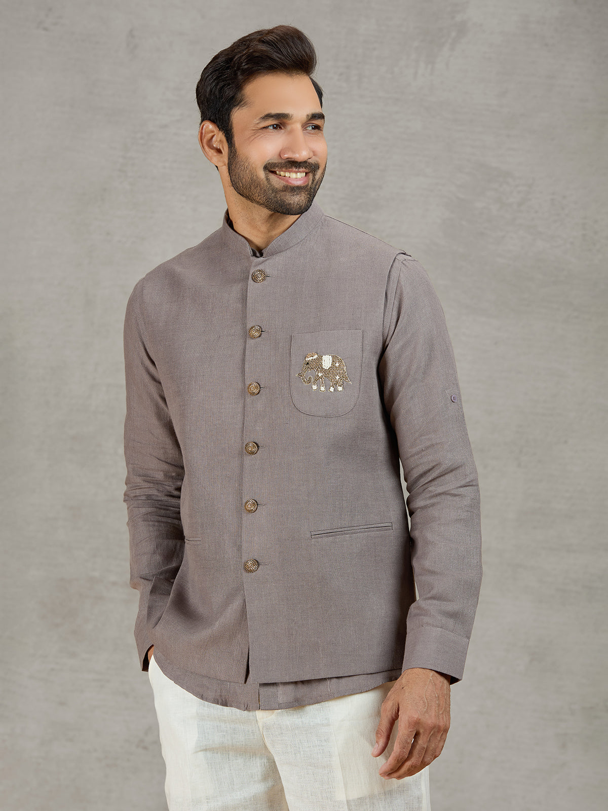 Grey linen waistcoat set with thread and zardosi work