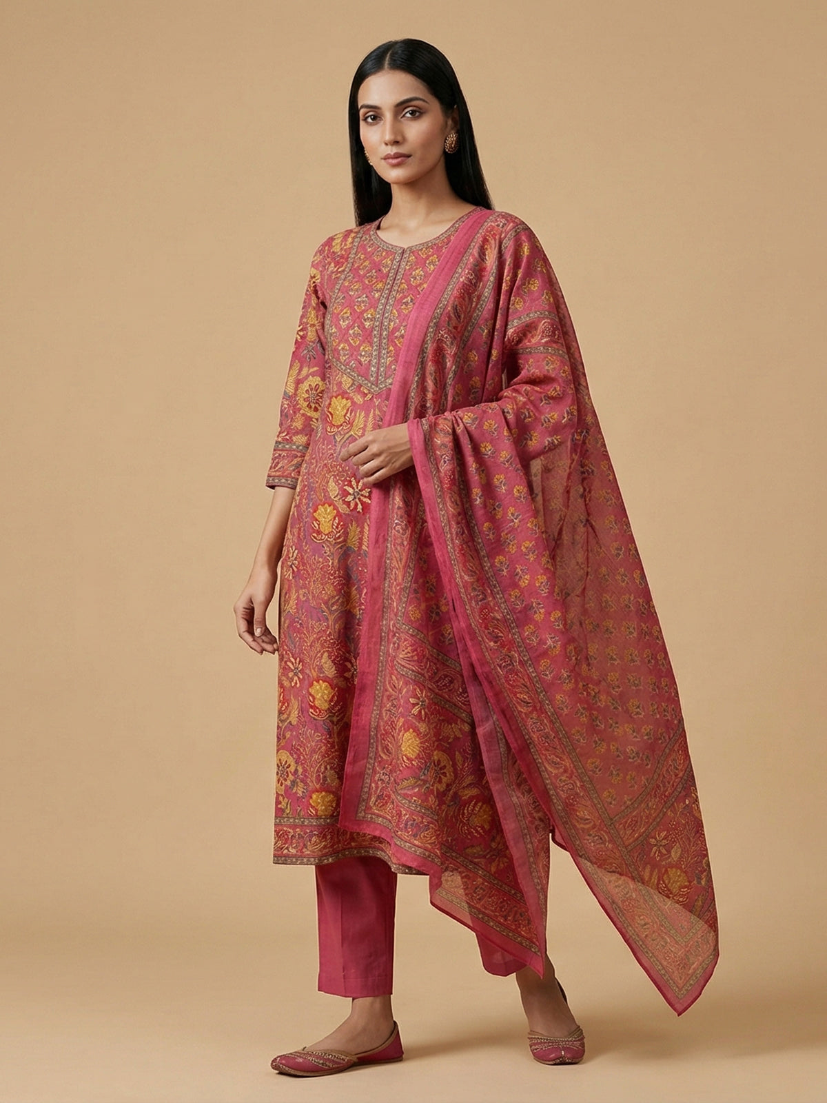 Pink printed cotton kurti set with dupatta for women