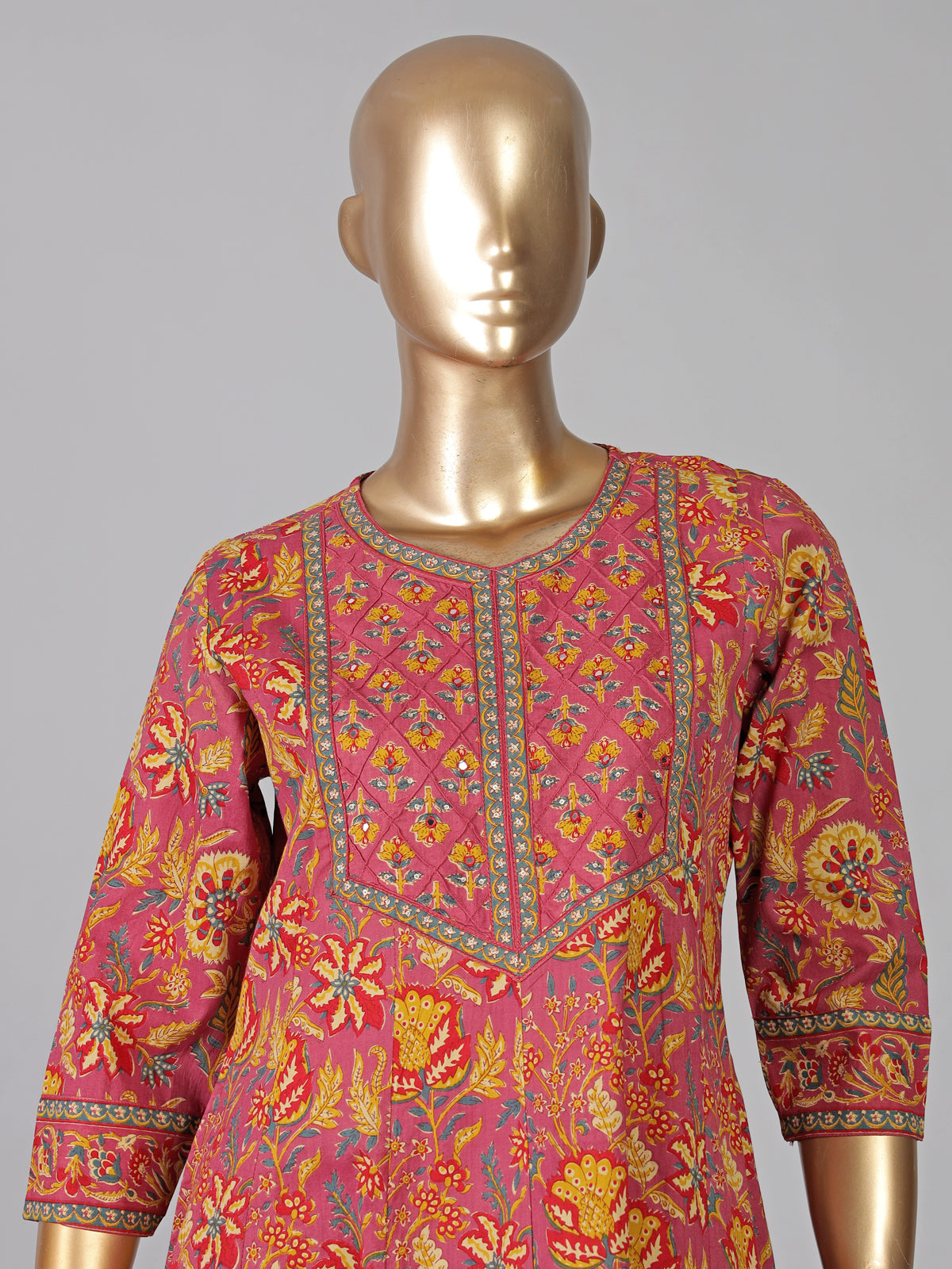 Pink printed cotton kurti set with dupatta for women