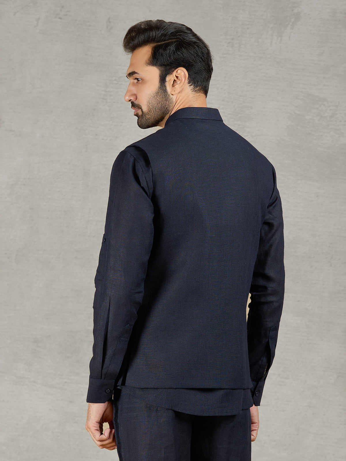 Navy linen waistcoat with shirt and intricate zardosi detailing