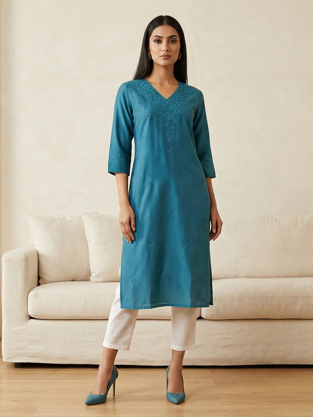 Aqua blue cotton silk embroidered kurti design