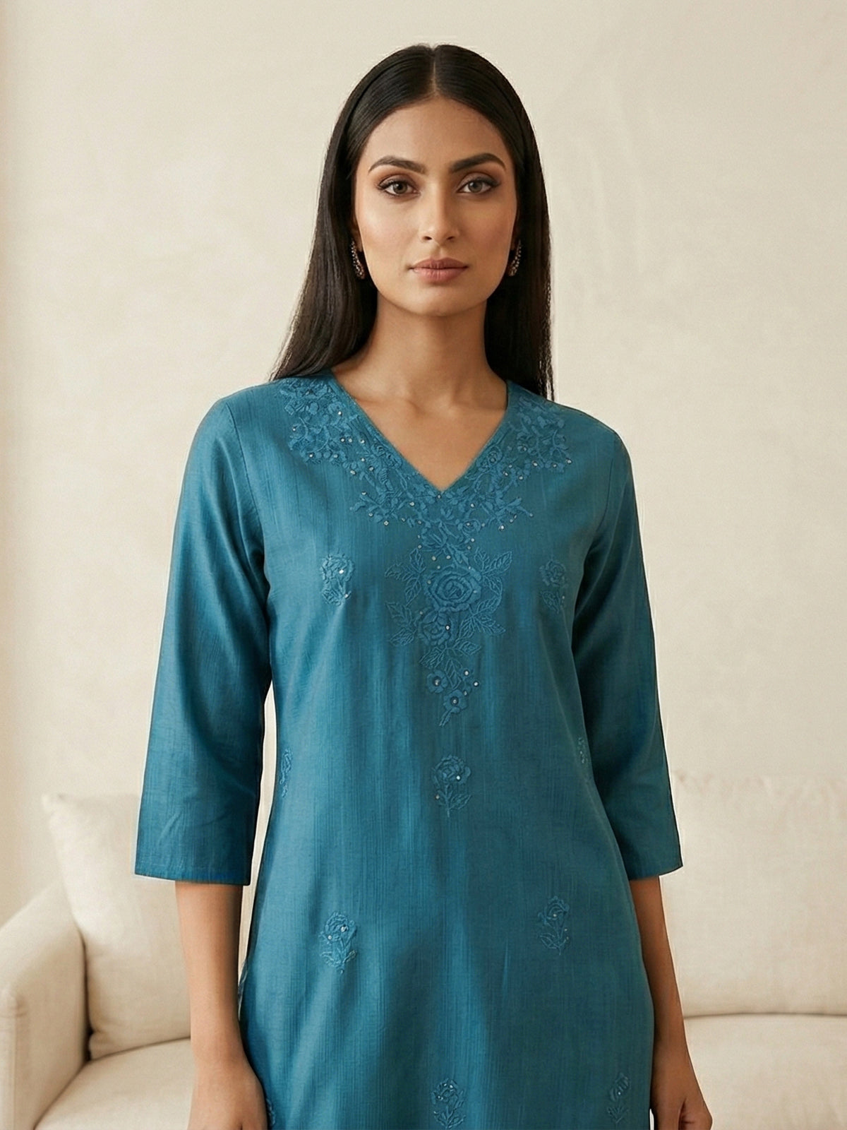 Aqua blue cotton silk embroidered kurti design