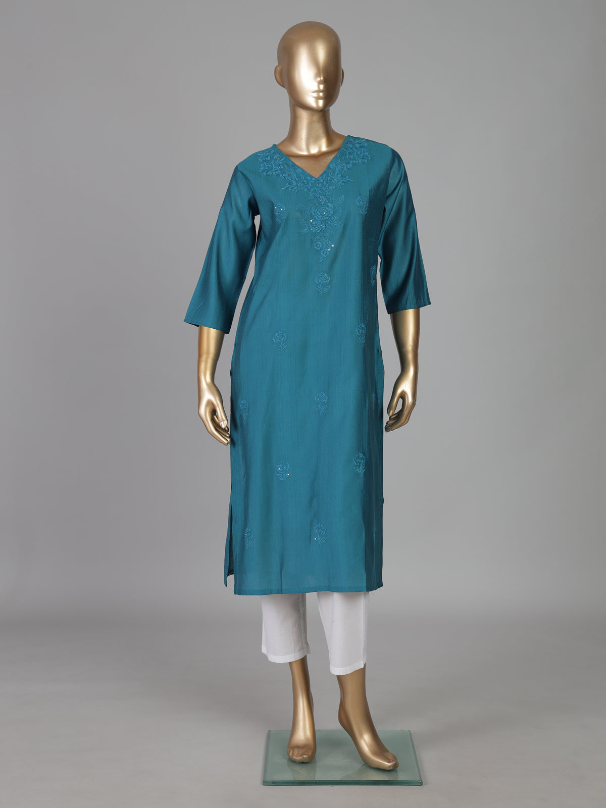 Aqua blue cotton silk embroidered kurti design