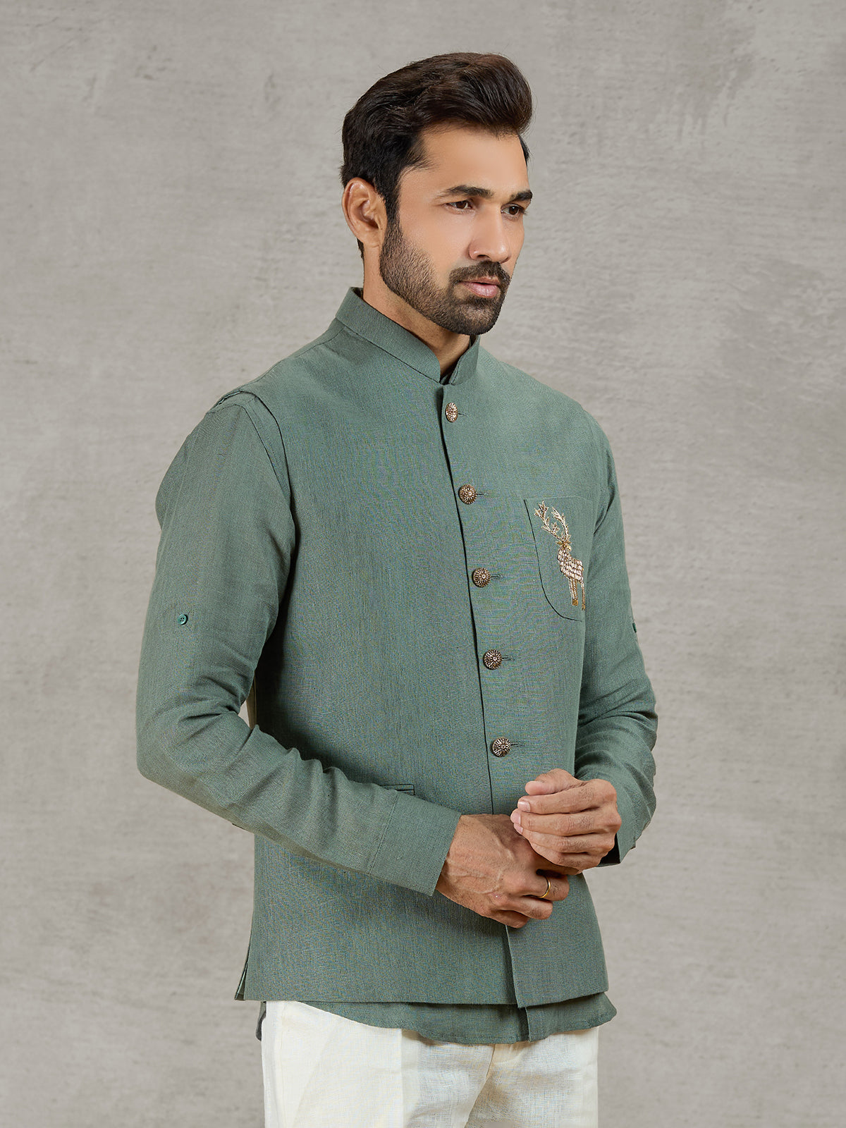 Green linen waistcoat with shirt for festive occasions