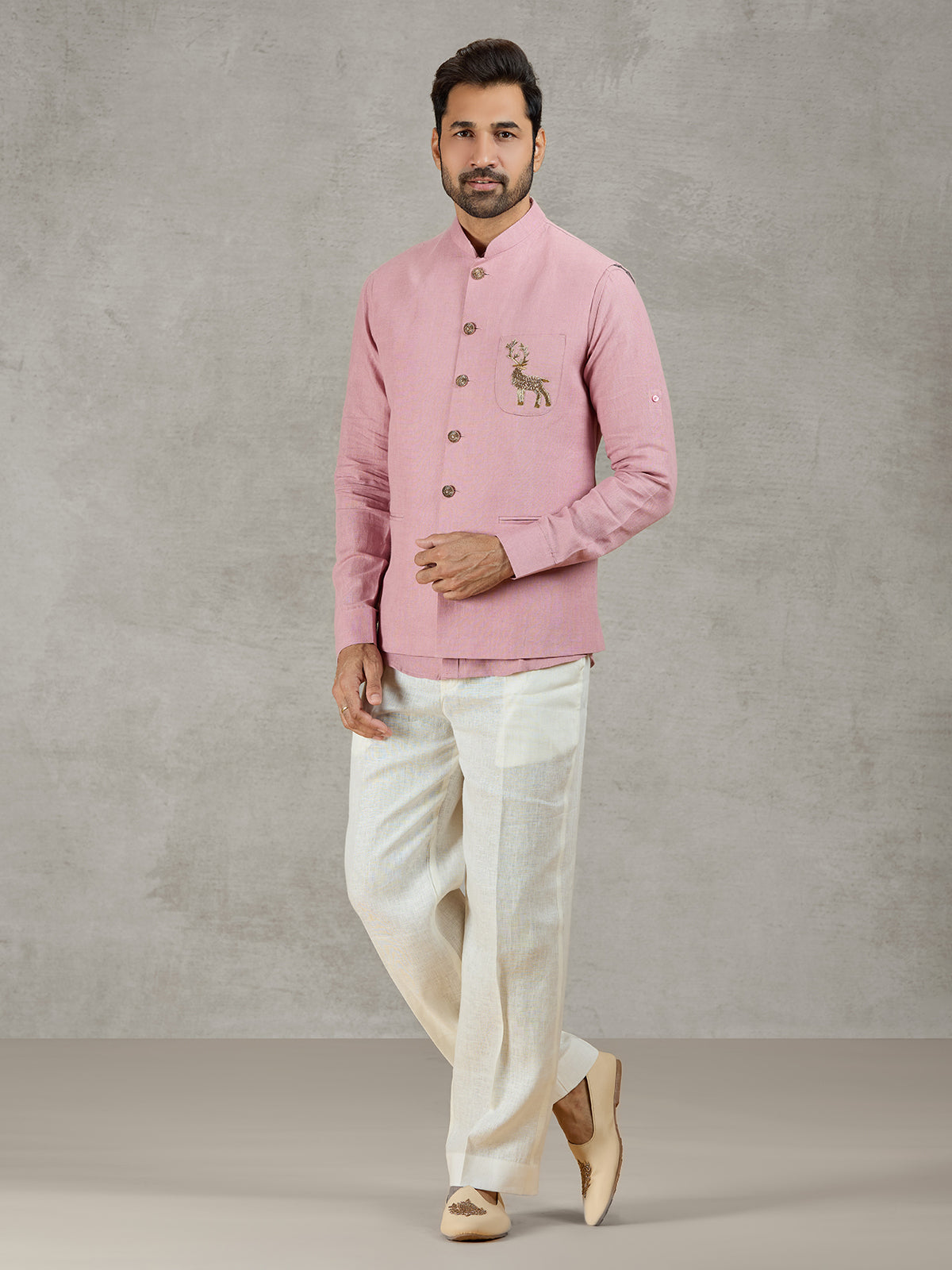 Pastel pink linen waistcoat with shirt and embellished crest detail