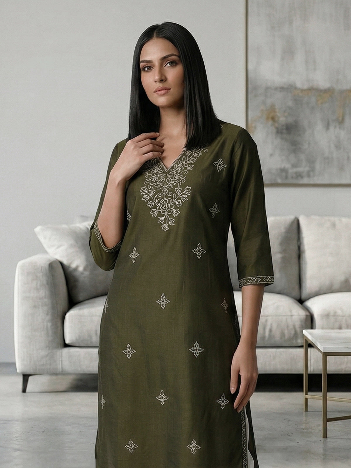 Mehendi green cotton silk embroidered v neck kurti