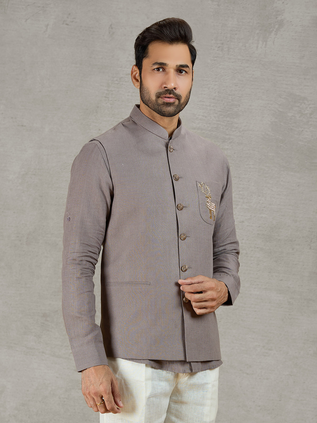 Grey linen waistcoat with shirt and zardosi embellished crest