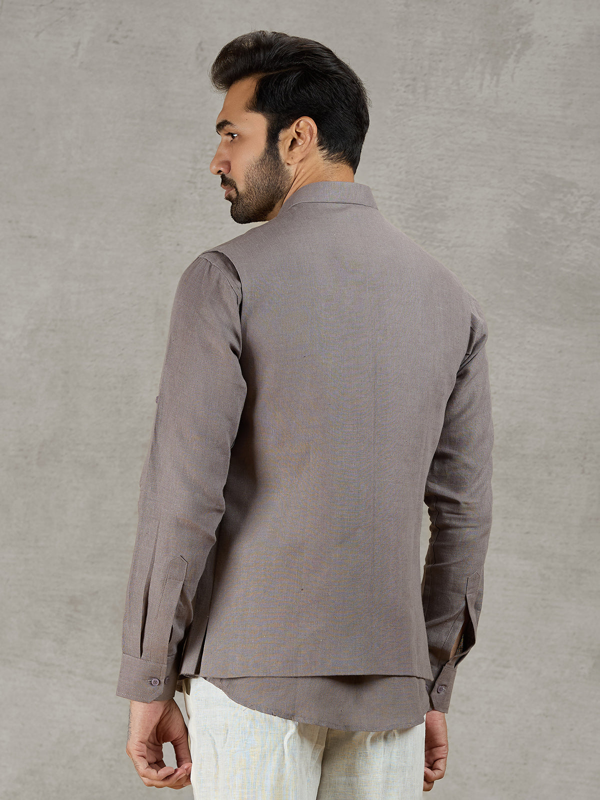 Grey linen waistcoat with shirt and zardosi embellished crest
