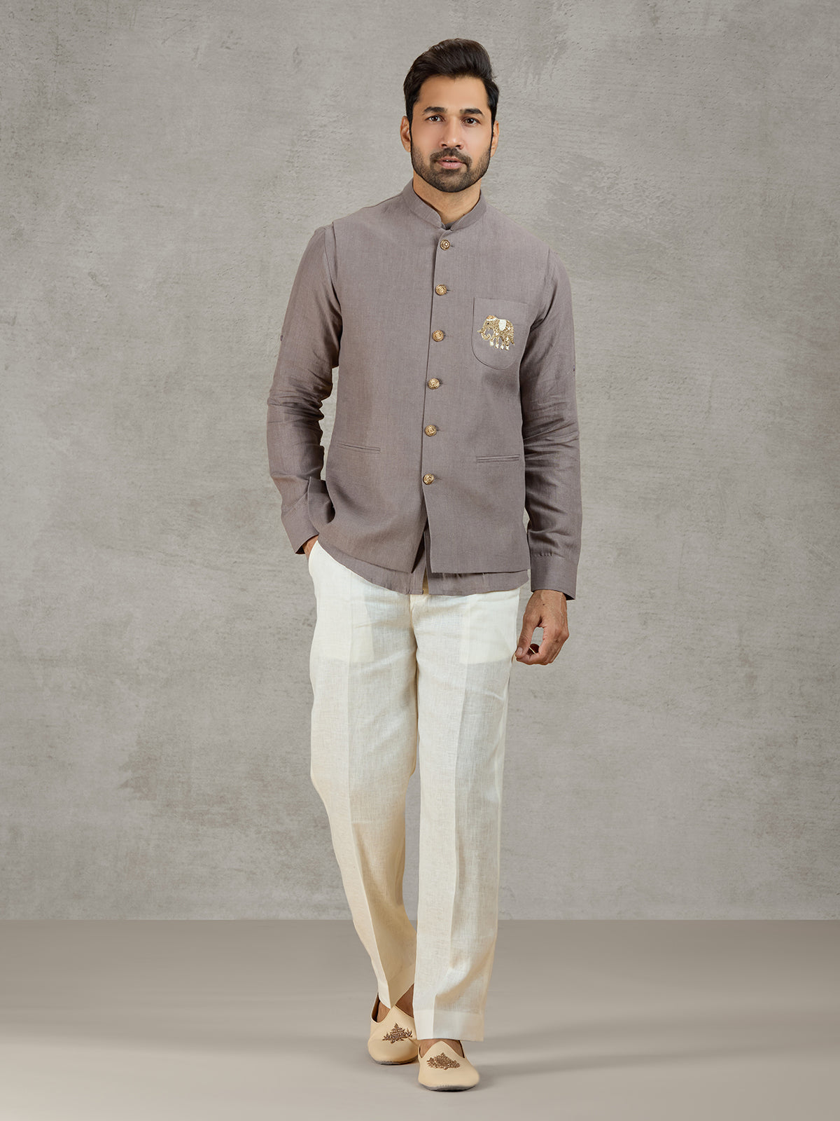 Grey linen waistcoat with shirt and zardosi embellished crest
