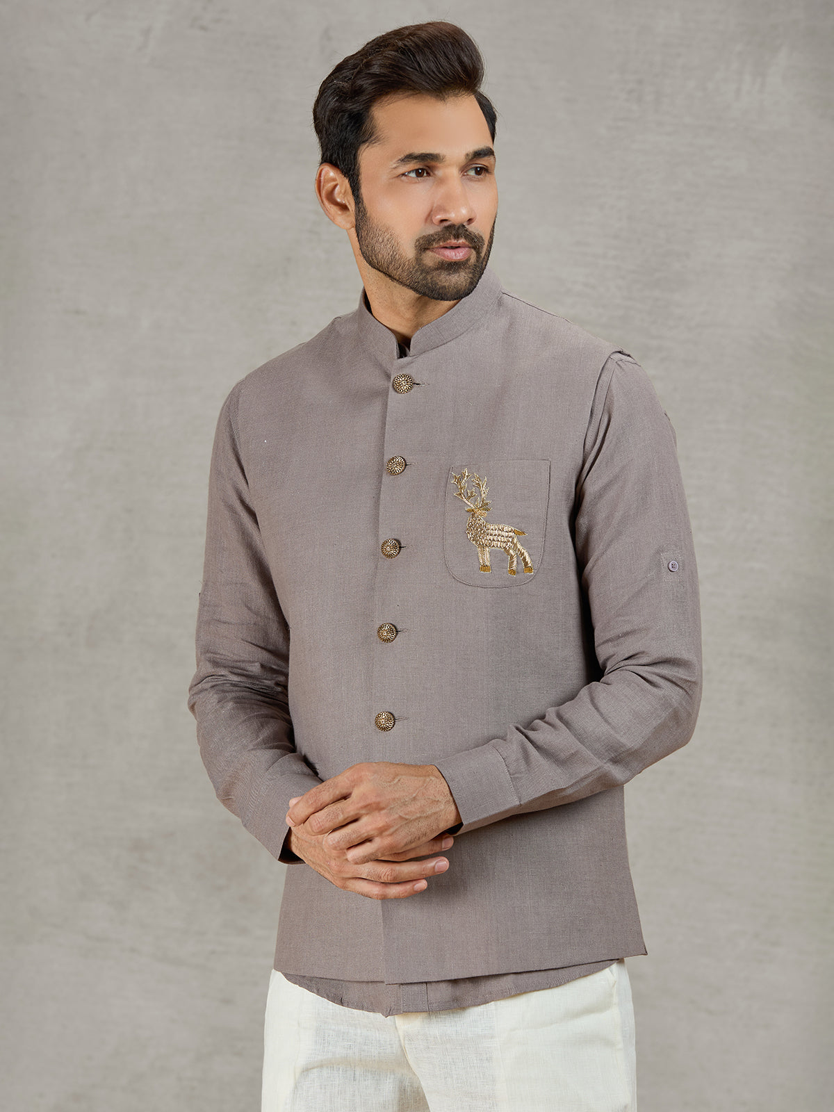 Grey linen waistcoat with shirt and zardosi embellished crest
