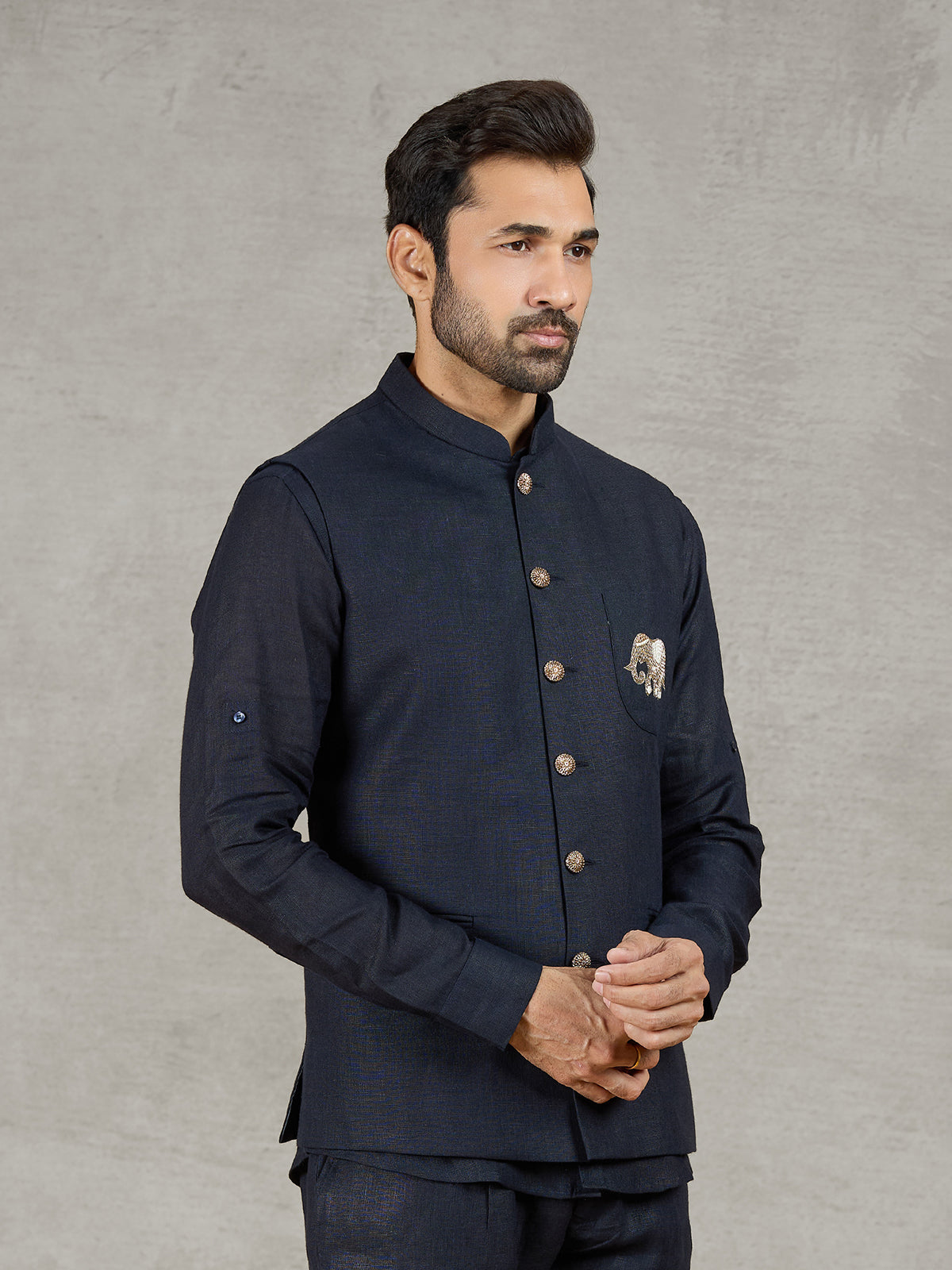 Navy linen waistcoat with shirt and embroidered elephant crest