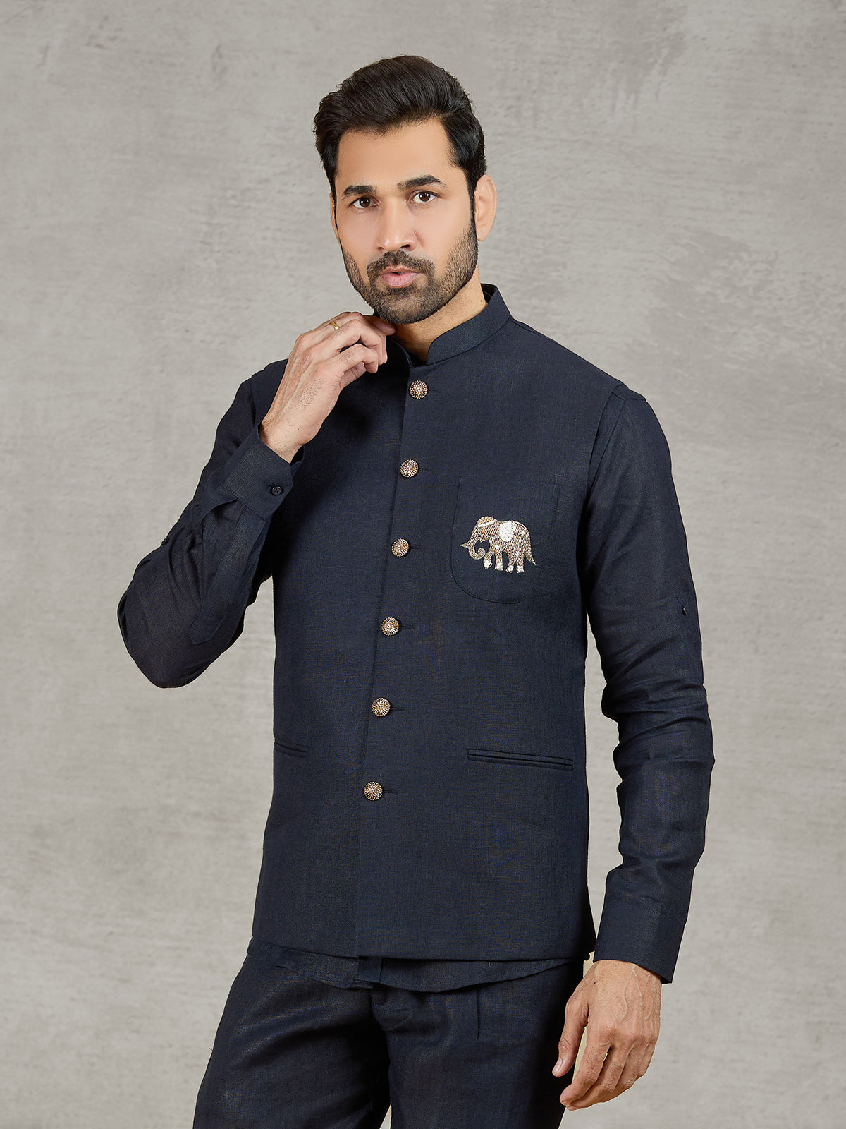 Navy linen waistcoat with shirt and embroidered elephant crest