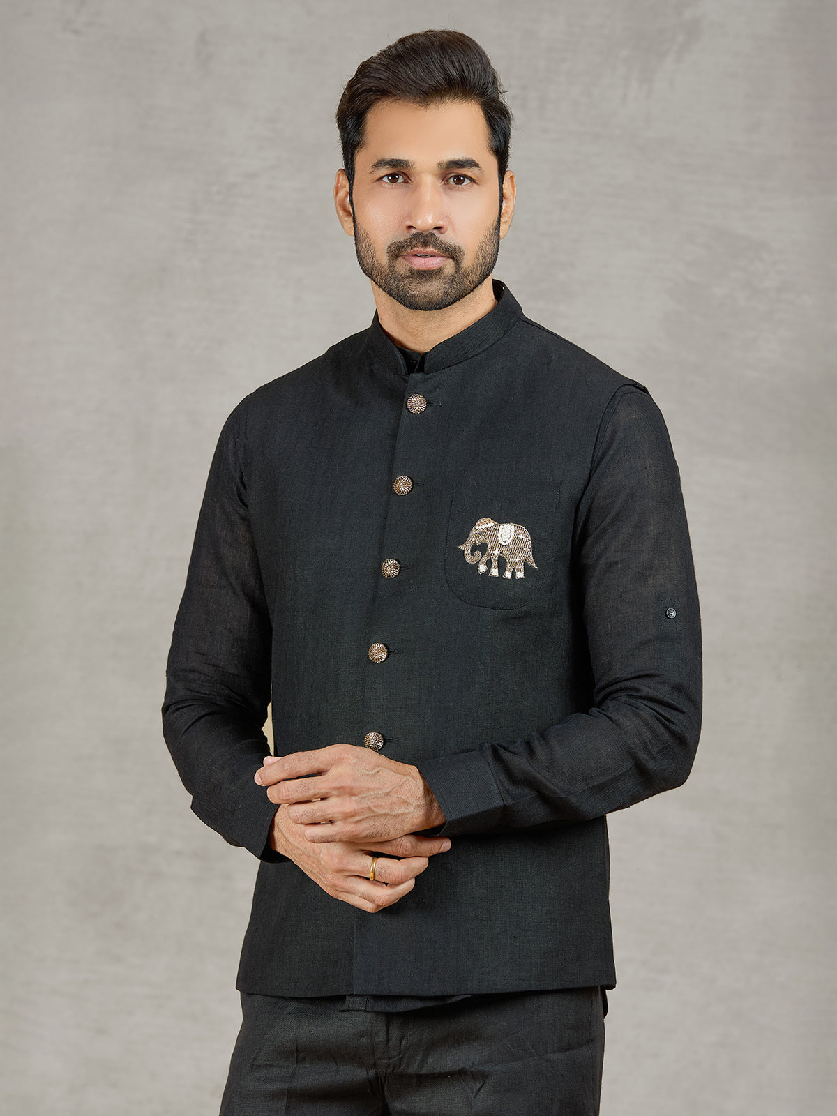 Black linen party wear waistcoat with shirt and embellished crest