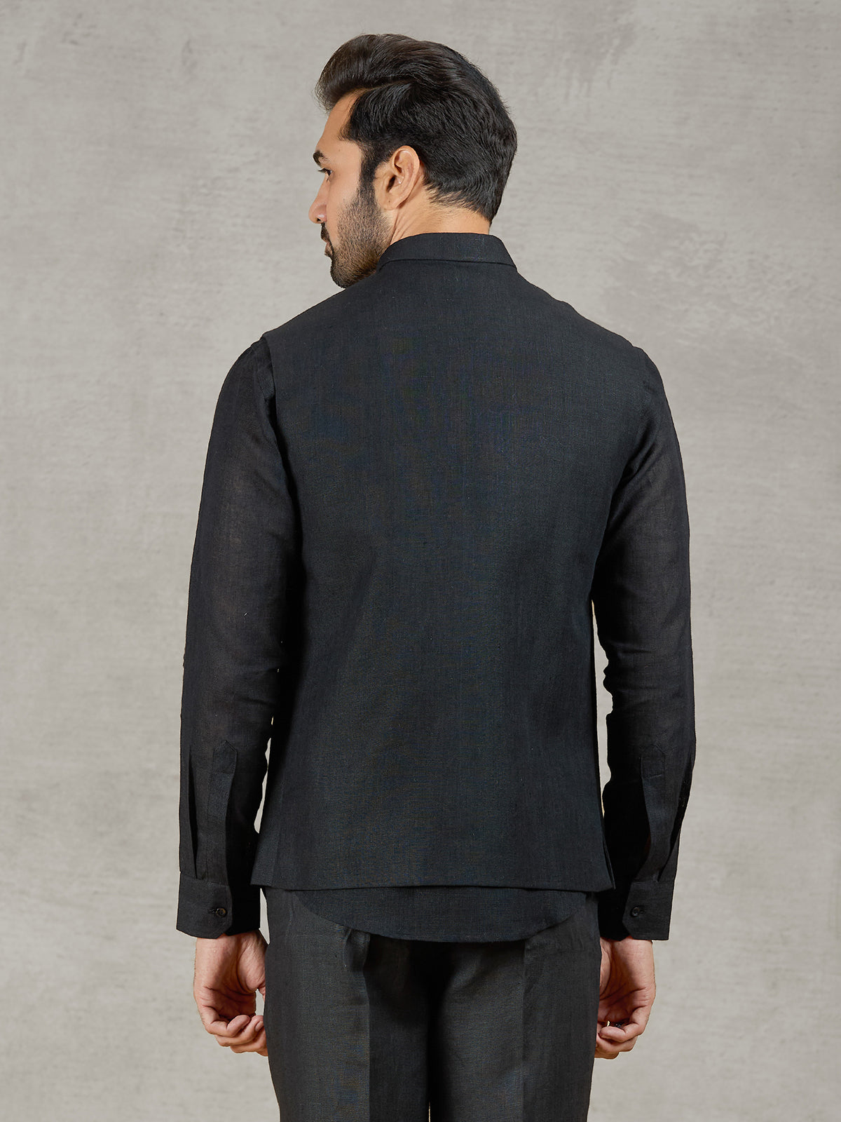 Black linen party wear waistcoat with shirt and embellished crest
