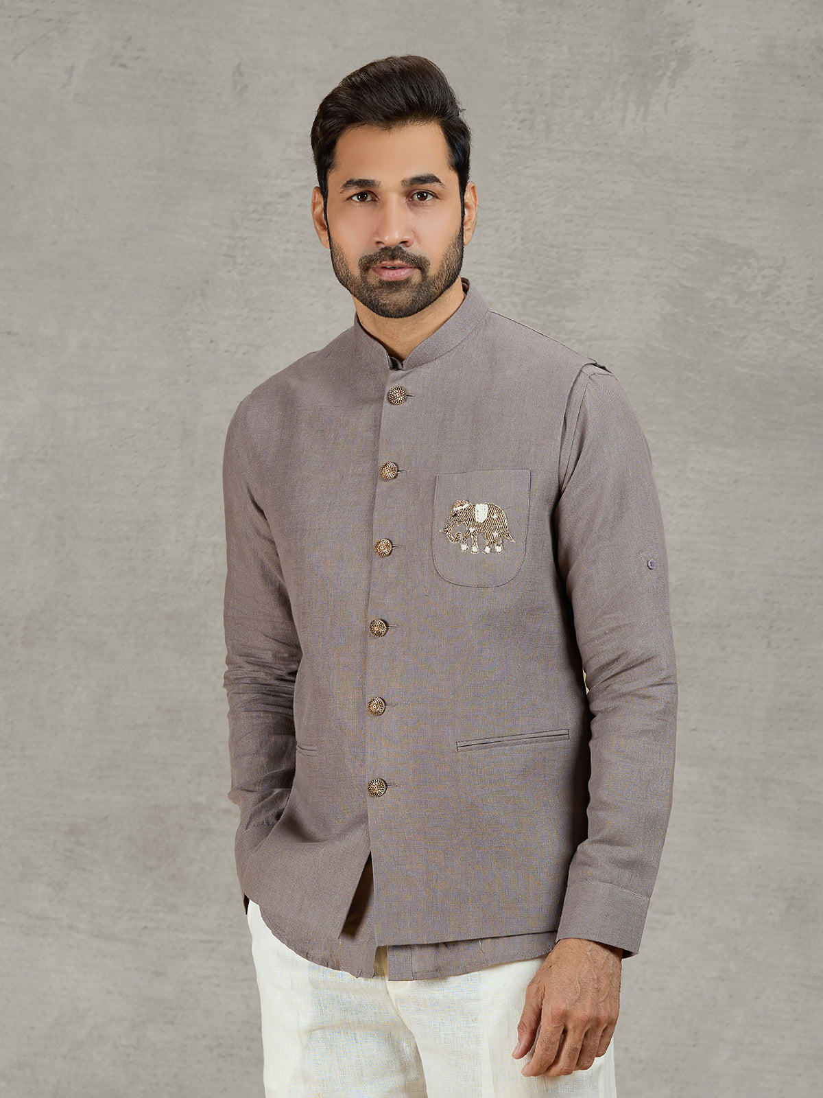 Grey linen waistcoat with shirt featuring thread and zardosi work