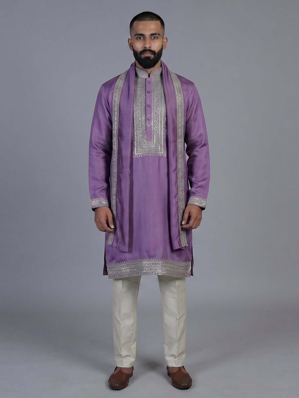 Purple silk embroidered festive kurta suit with dupatta