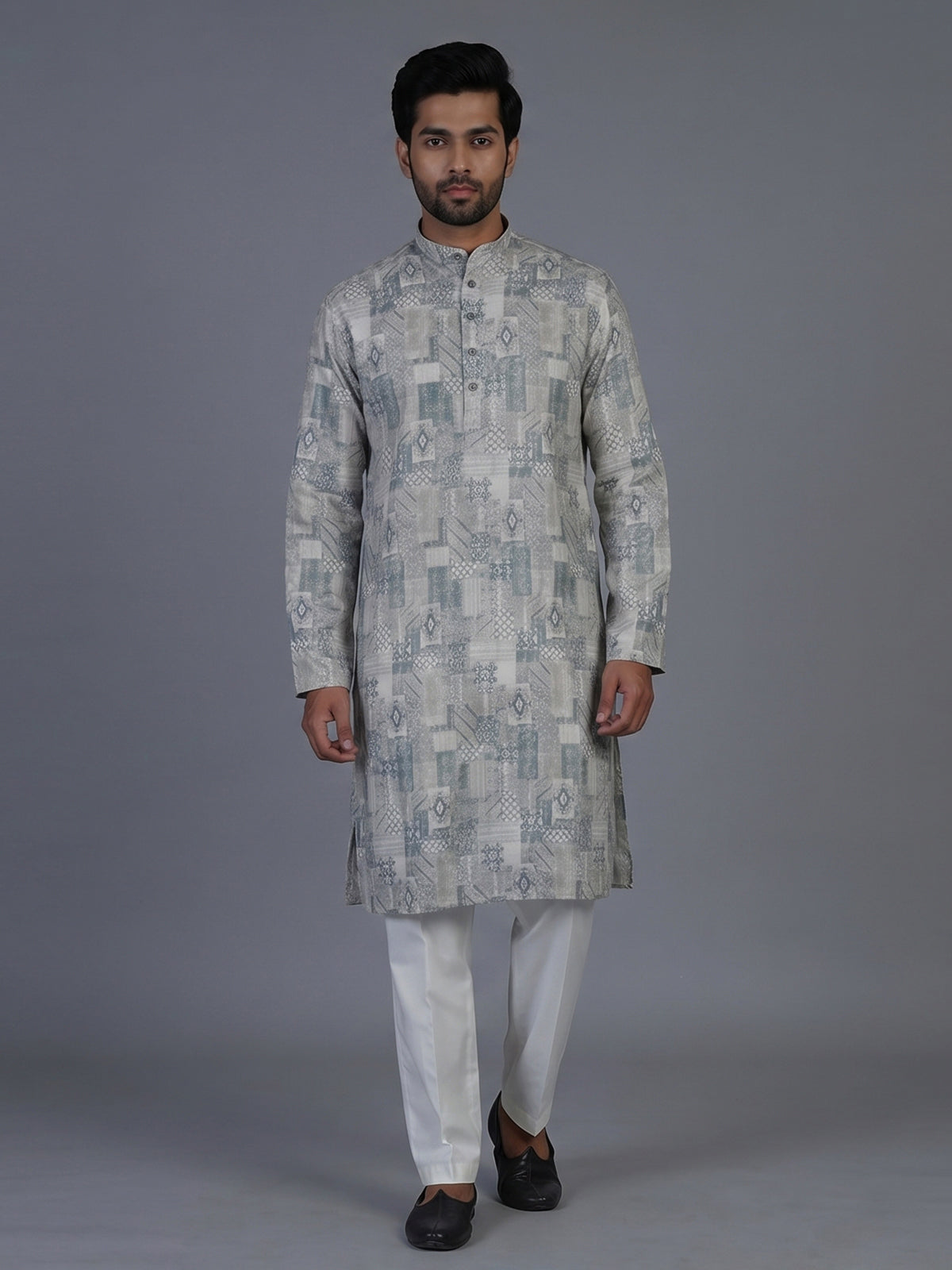 Stone blue textured cotton silk festive kurta suit