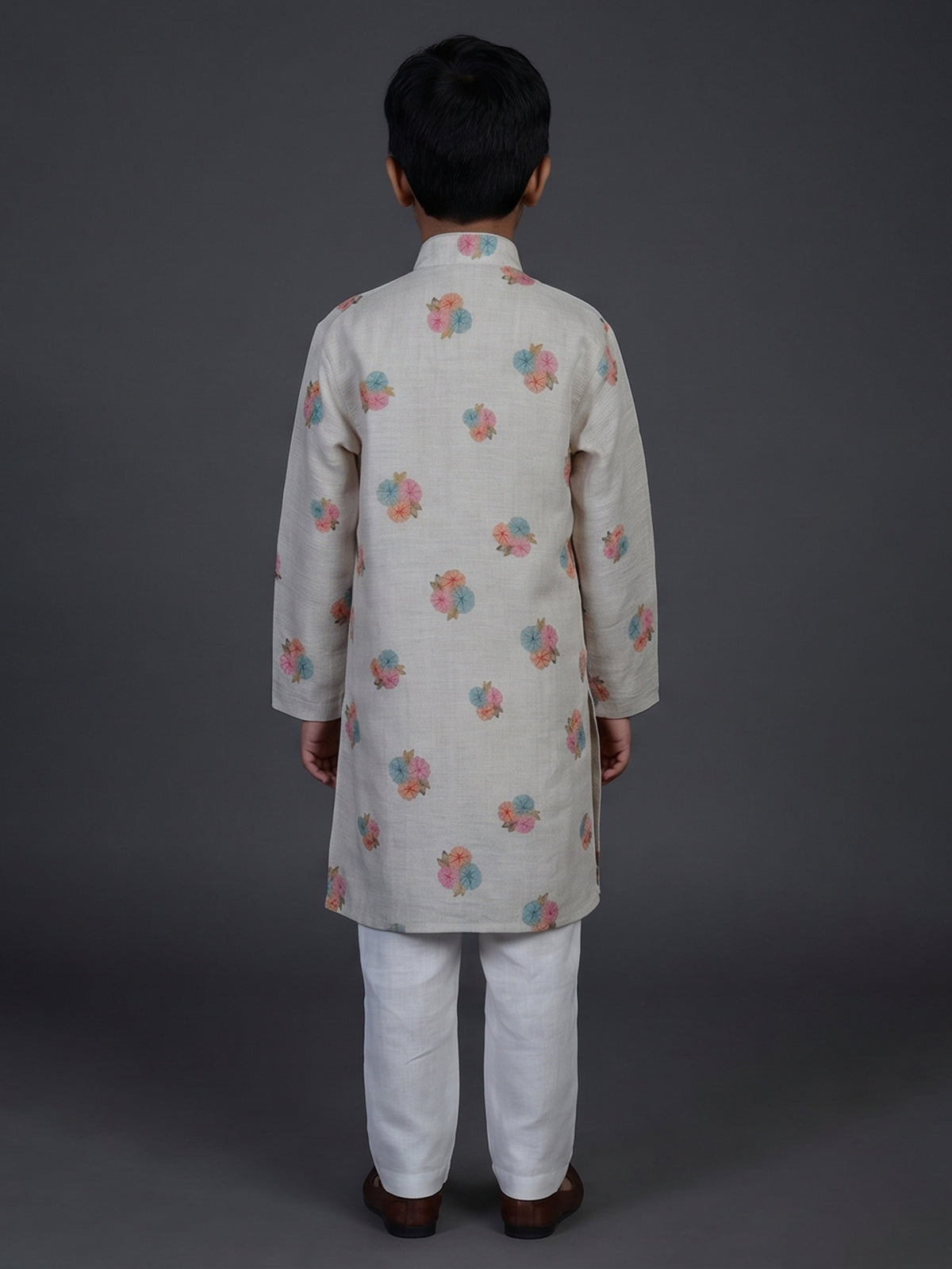 Grey floral printed cotton linen festive kurta suit