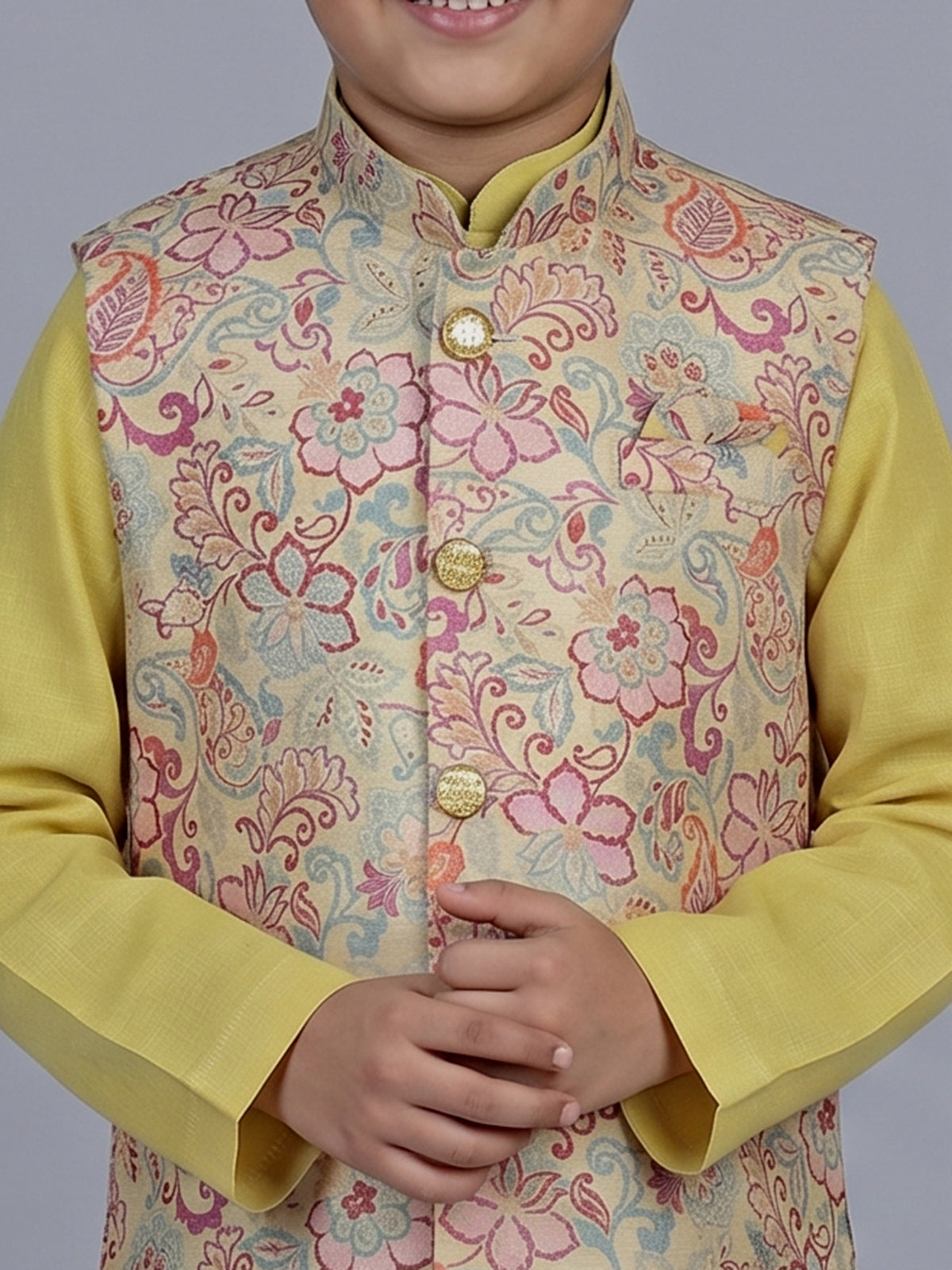 Mehendi olive floral printed festive waistcoat set for boys