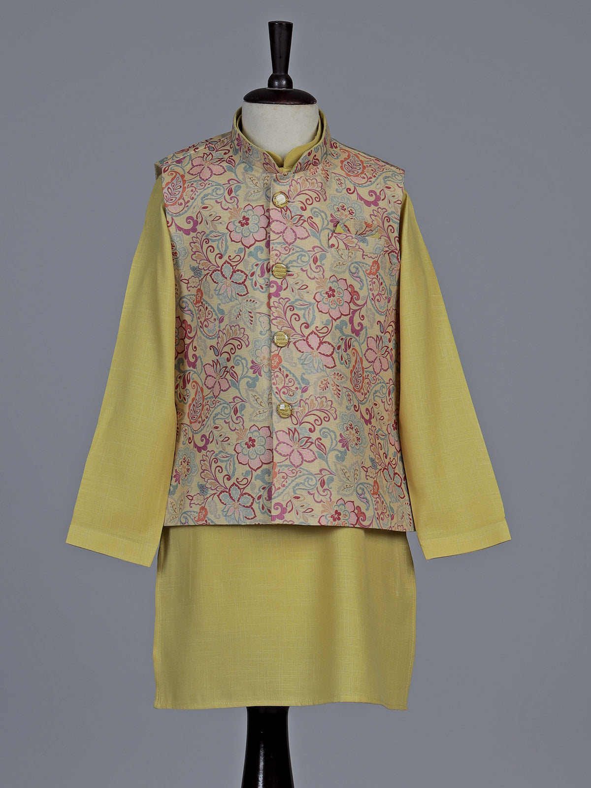Mehendi olive floral printed festive waistcoat set for boys