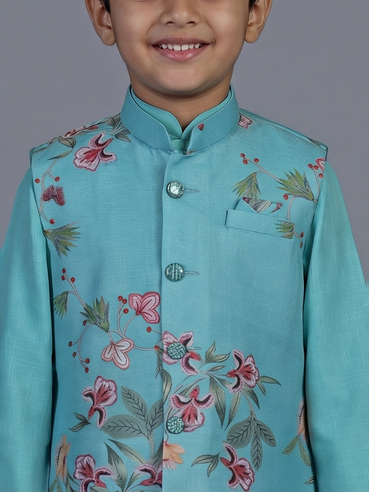 Aqua floral printed silk blend festive waistcoat set